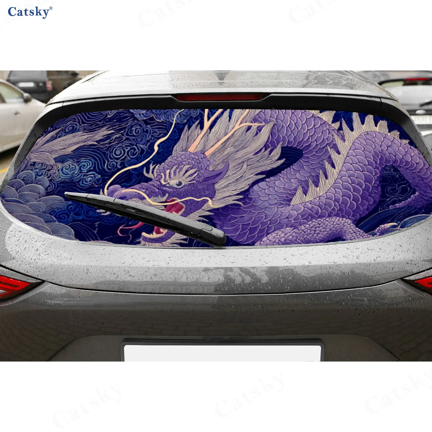 

Mysterious Purple Chinese Dragon Eastern Myth PVC Perforated Car Vinyl Wraps, Durable Car Rear Windshield Sticker, Waterproof Ca