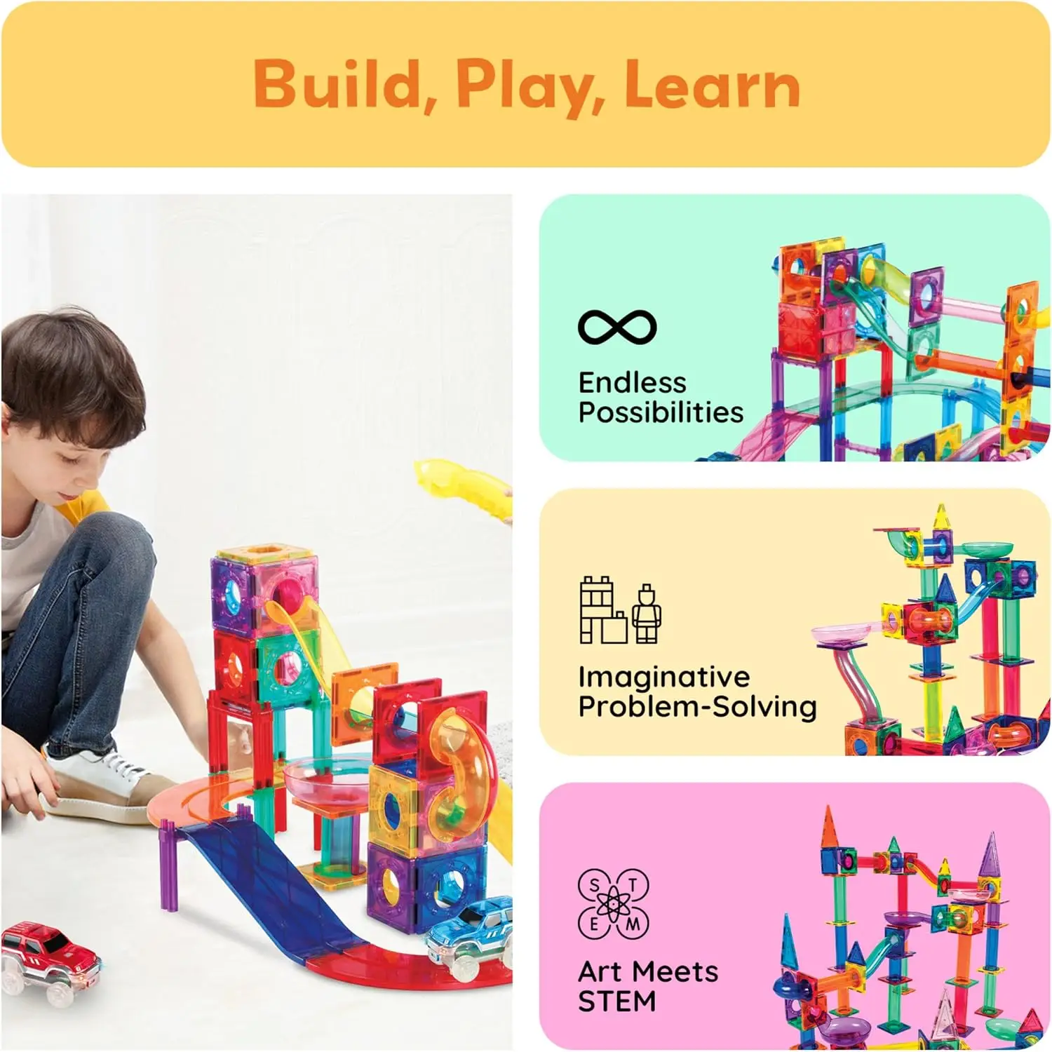 108 Piece Marble Run Race Track Set with LED Cars STEM Ages 3+