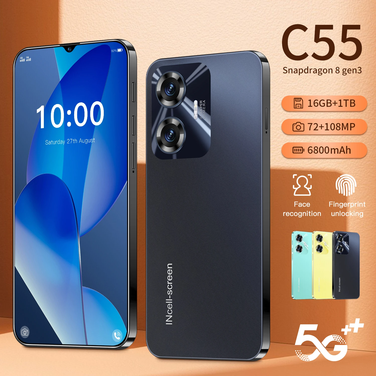 

Smartphone C55 unlocked HD Screen maximum memory 16GB+1TB 5G Dual Sim Celulares Android14 Unlocked 6800mAh Cell celular