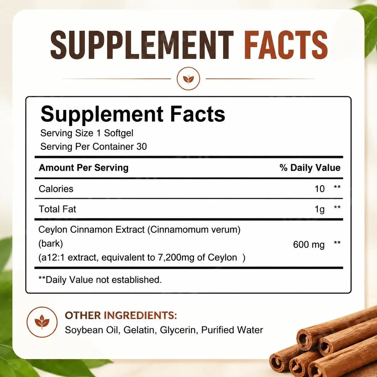 Ceylon Cinnamon Extract Softgels for Glucose and Cholesterol Metabolism Support, 7200mg Equivalent with MCT Oil, 30 Count