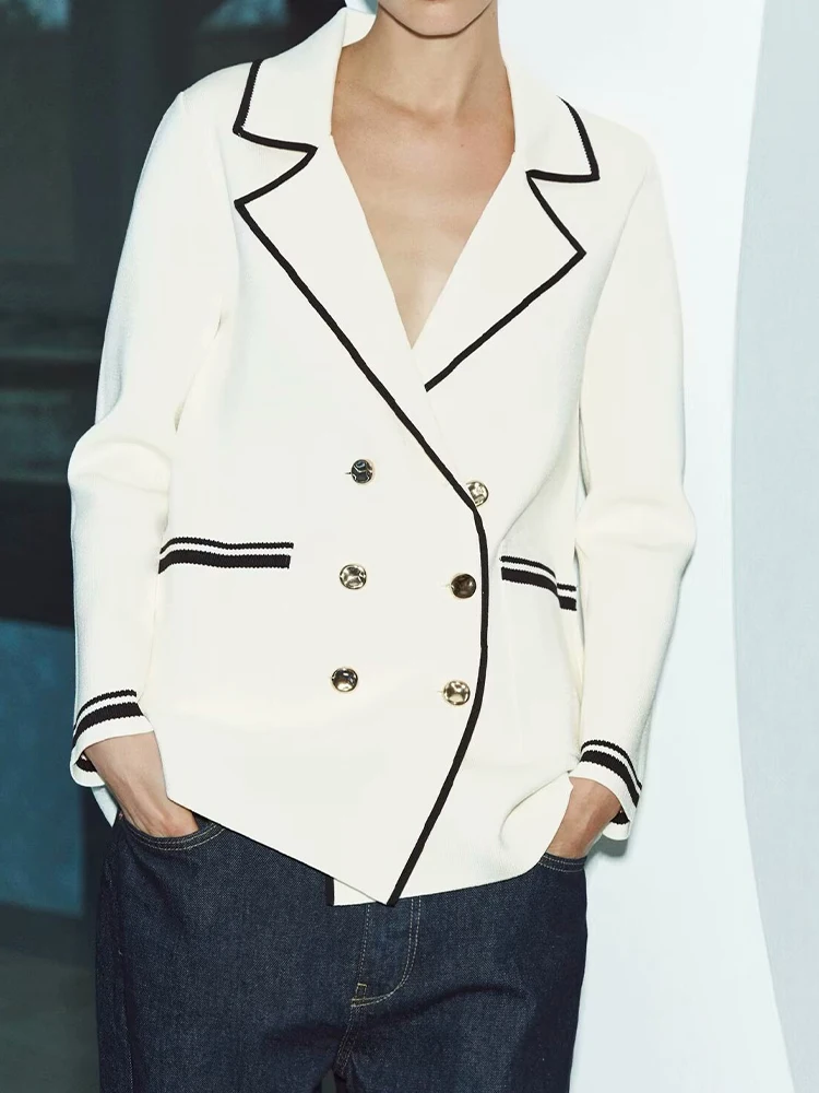 

Новинка 2023 года, женская одежда, модная двубортная вязаная куртка с длинными рукавами в европейском и американском стиле с лацканами