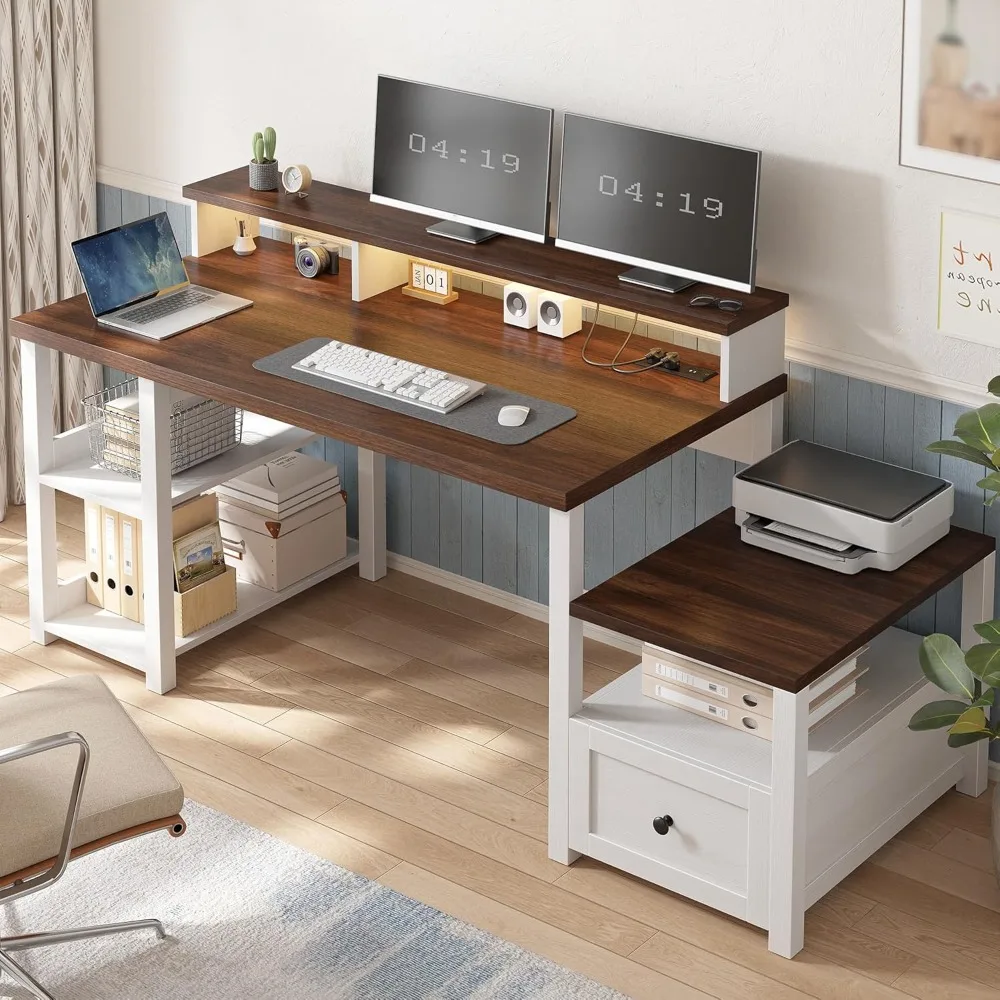 60.4 مكتب كمبيوتر مع درج وأرفف تخزين، مكتب دراسة مع حامل شاشة ورف طابعة، مكتب مع #3