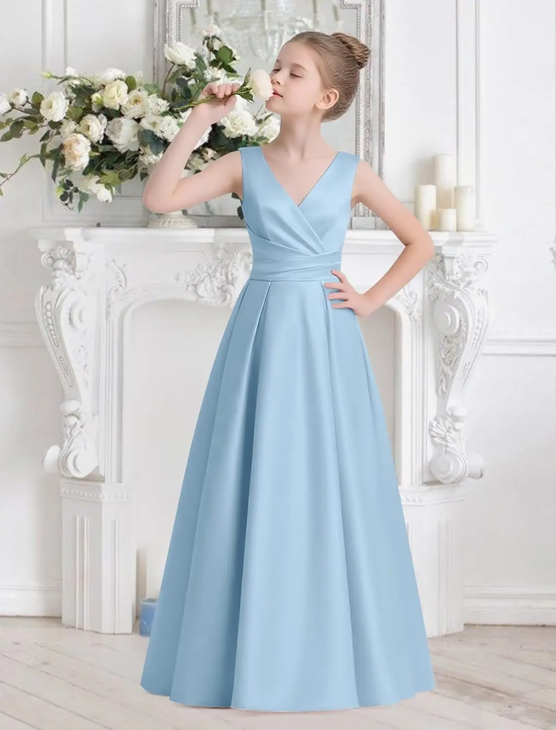 새틴 플라워 걸 드레스 백리스 보우 프린세스 볼 가운 주니어 브라이드메이드 첫 영성체 드레스 소녀용