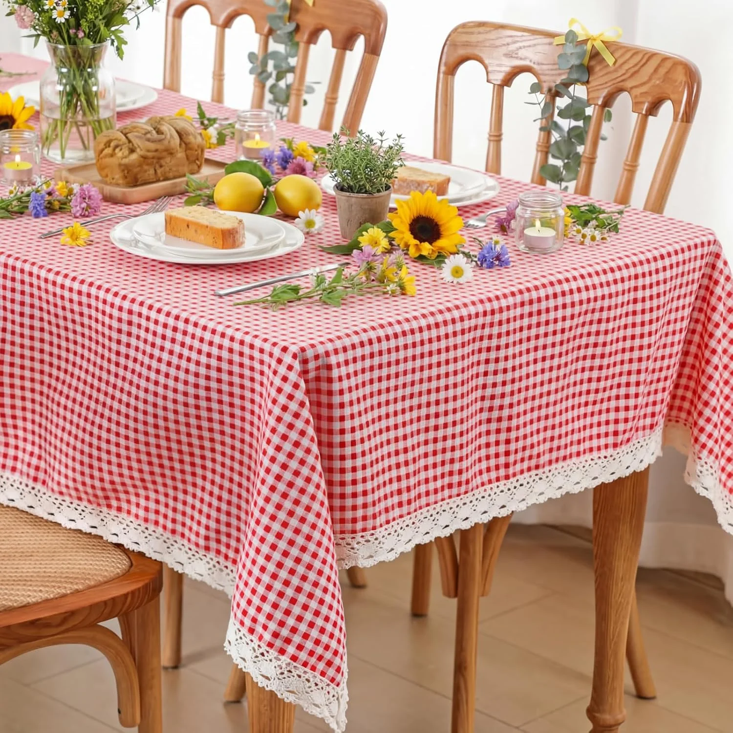 Red and White Grid Plaid Table Cloth with Tassels,Machine Washable Farmhouse Table Cover,Christmas Decor,Picnic,wedding Decor