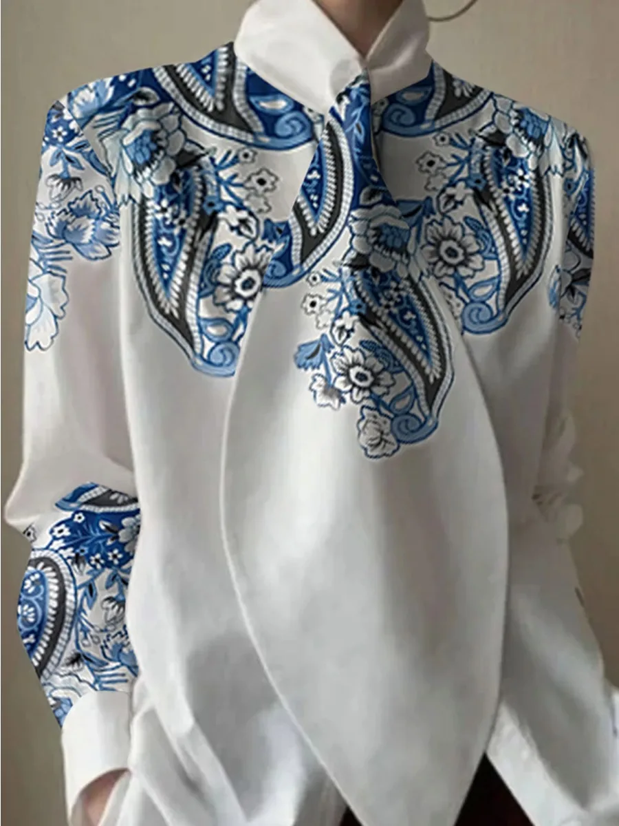 Bonboho Female Blouse 2024 Fashion Blue Floral Printed Loose Fit T-shirt Tied High Neck Long Sleeves T-shirt Tops For Women