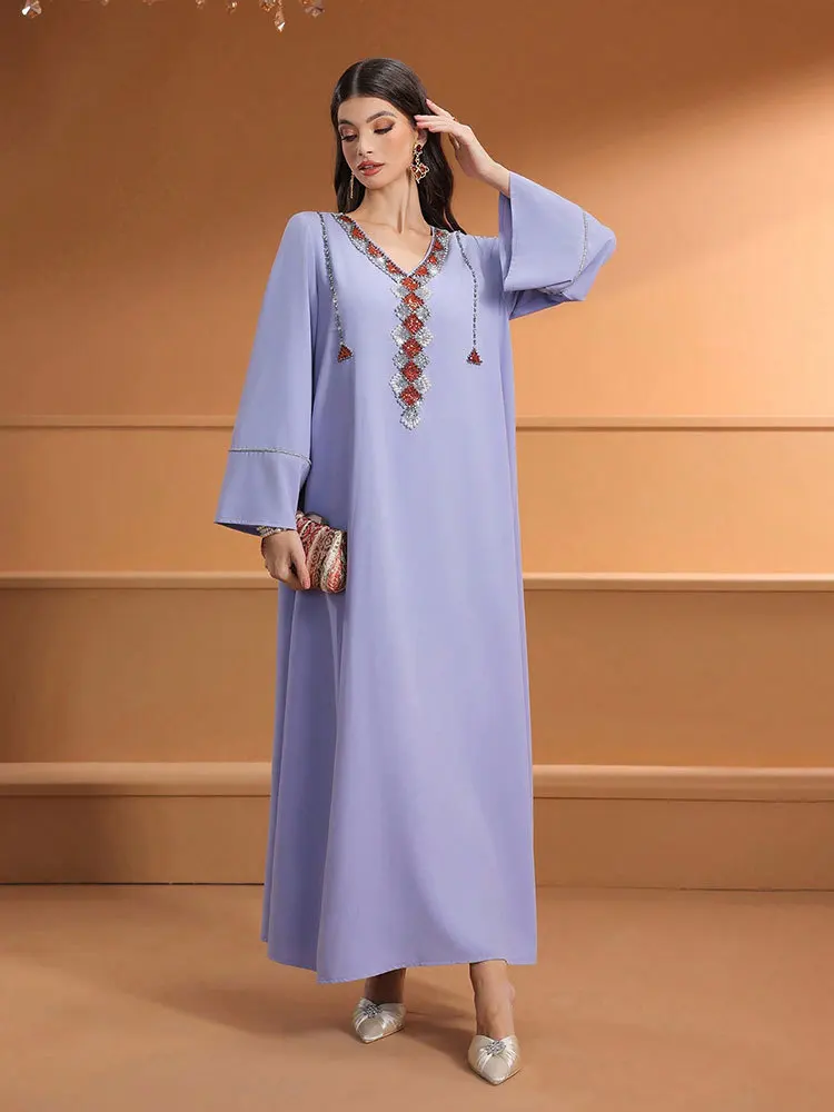 New Muslim Abayas for Women Light Luxury Dubai Indian Dress Fashion Embroidery Long Sleeves Dress Muslim Temperament Gauze Dress