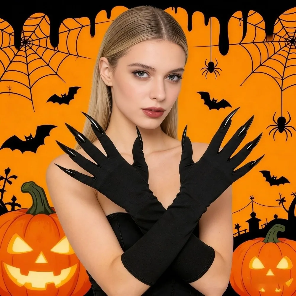 Scary Fancy Props Halloween Cosplay Gloves Long Nails Solid Color Witch Cosplay Costume 43cm Elastic Ghost Claw Mittens Girls