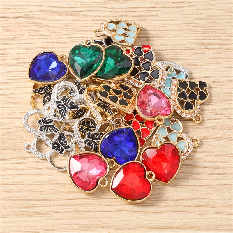 10 Stück niedliche, bunte Kristall-Metall-Herzanhänger zum Basteln von Halsketten, Ohrringen, DIY-Handarbeiten und Schmuckzubehör – Detail 3