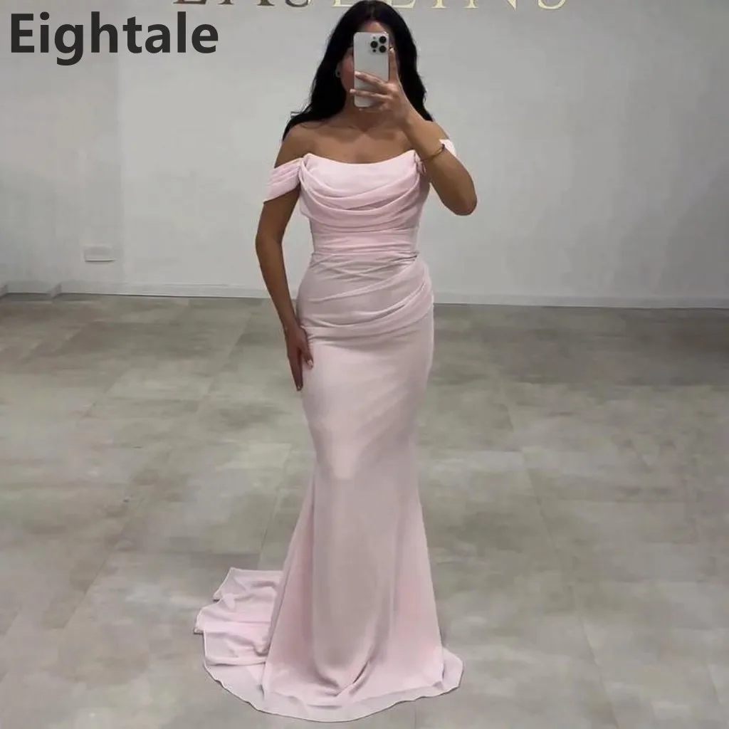 

Eightale 2025 Pink Mermaid Off Shoulder Chiffon Maxi Evening Dress Saudi Arabic Prom Dress Dubai Party Gown Customized