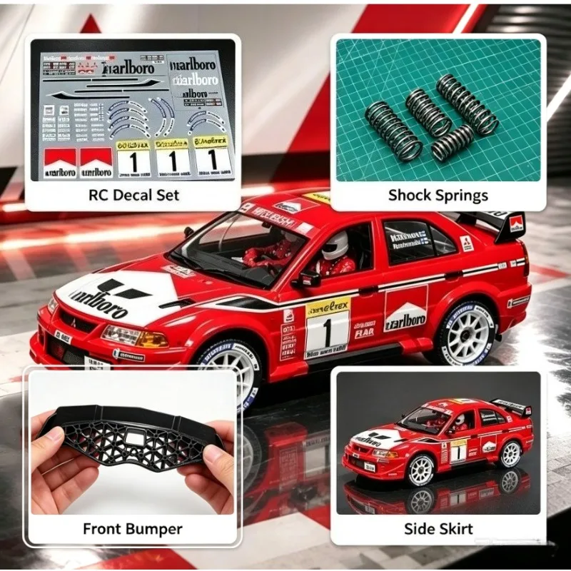 For RLAARLO 1/7 Mitsubishi EVO Rally Slevo-07  Front Bumper Guard, Shock Springs,Side Skirts & Decal Graphics Upgrade Accessory