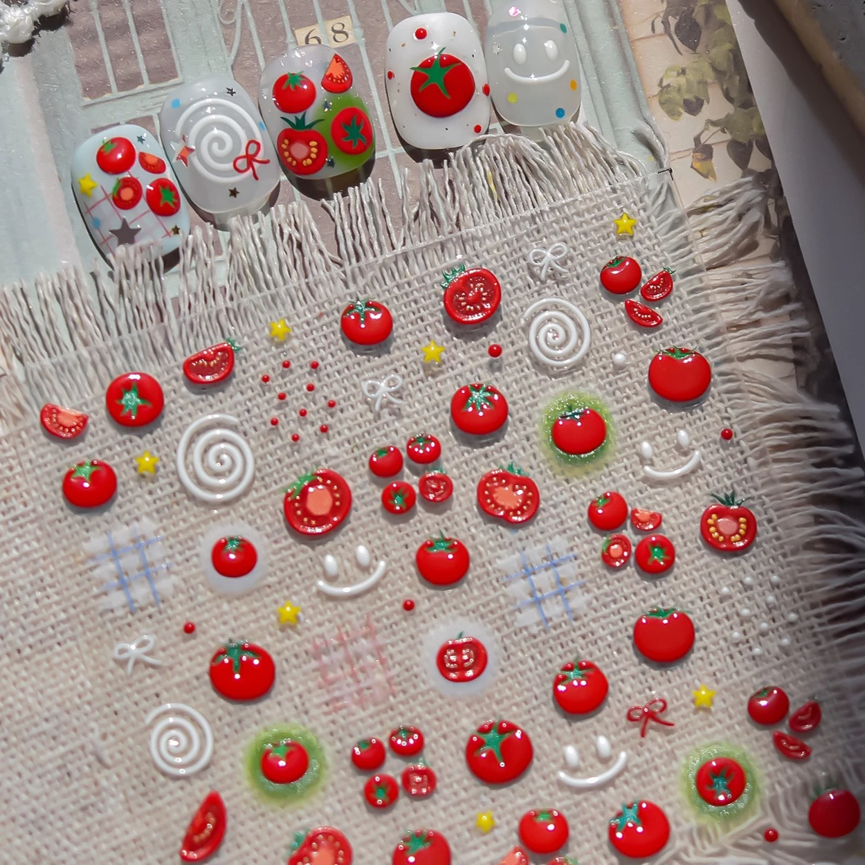 

Bowknot Appetizing Juicy Tomato Fruit Cutting Dot Gird Lines Star Cute Delicate Self Adhesive Nail Art Stickers Manicure Decals