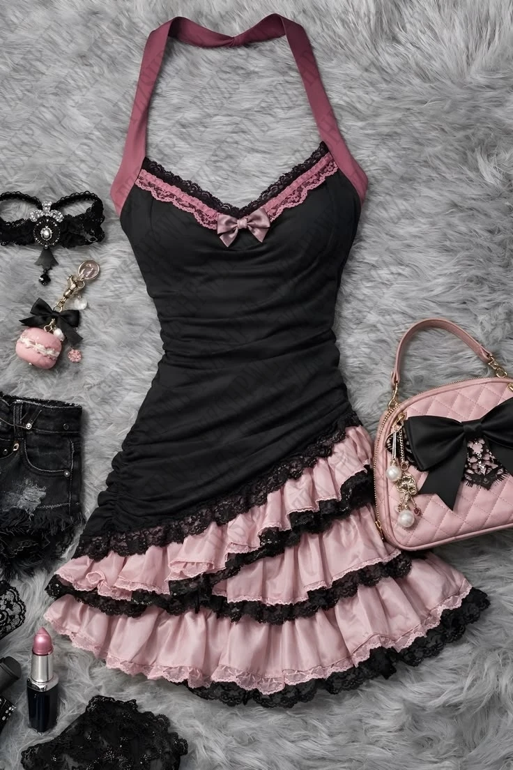 Vestido suave gótico con lazo de encaje, estilo Y2K, estética coreana, ropa femenina, vestido diario, moda emo, vestido casual clásico.