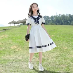 2024 Summer New retro Girls long Dress Sailor Collar Teens Casual striped JK Dress Patchwork puff sleeve Clothes 4 9 10 12 year