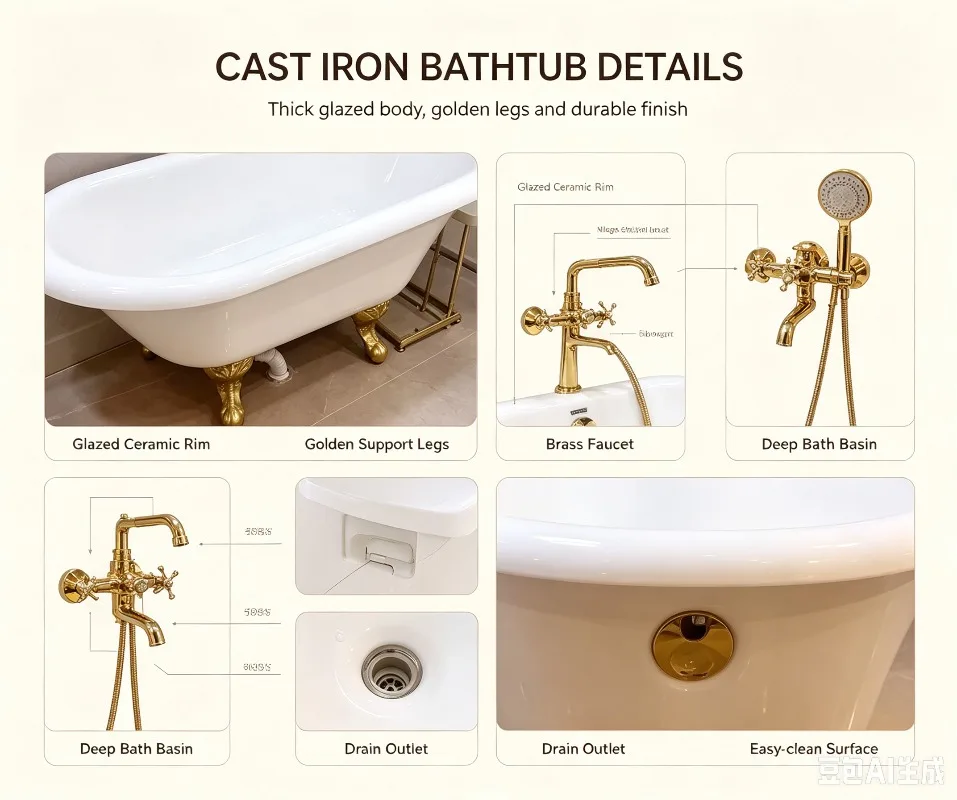 LLY Luxury Cast Iron Bathtub Household Small Unit Single Deep Soaking Bathtub Free Installation