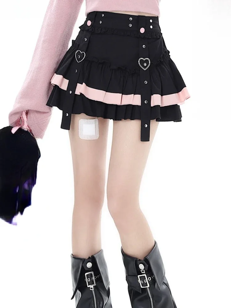 Gothic Japanese Kawaii Mini Cake Skirts Womens Sweet Patchwork Lolita Sexy High Waist Lace Y2k Aesthetic Ruffled Gothic Faldas