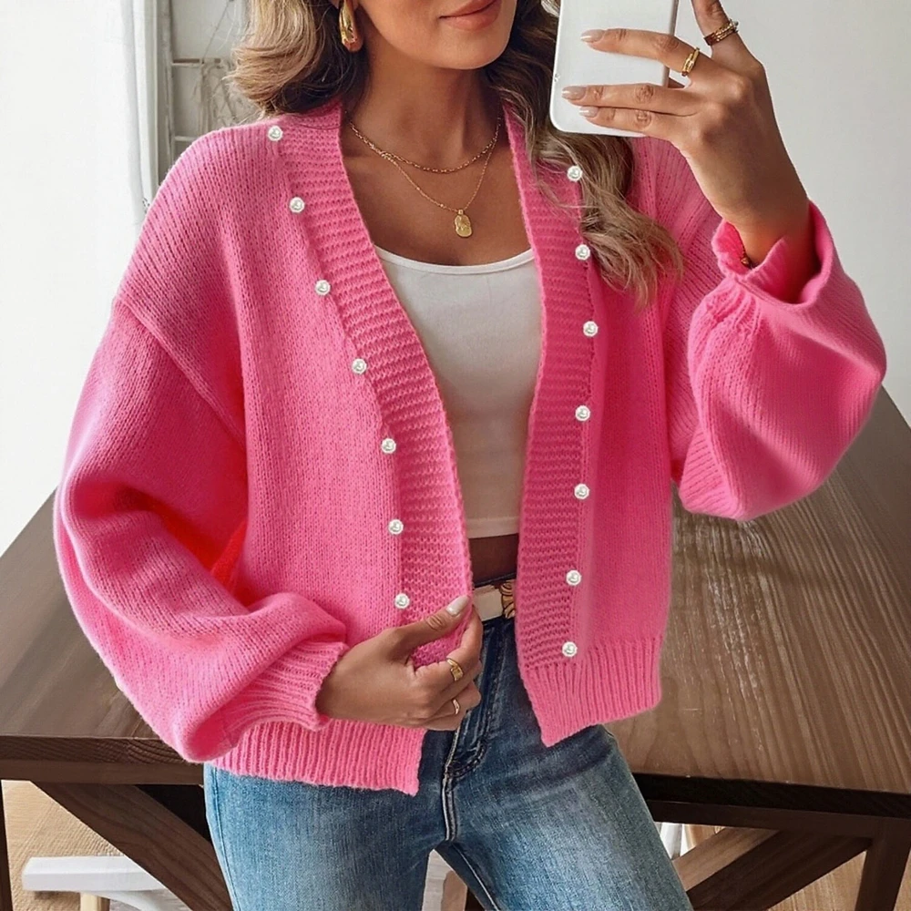 

Осенне-зимние кардиганы 2025, женские корейские однотонные кардиганы с длинными рукавами и пуговицами спереди, жемчужные повседневные базовые кардиганы