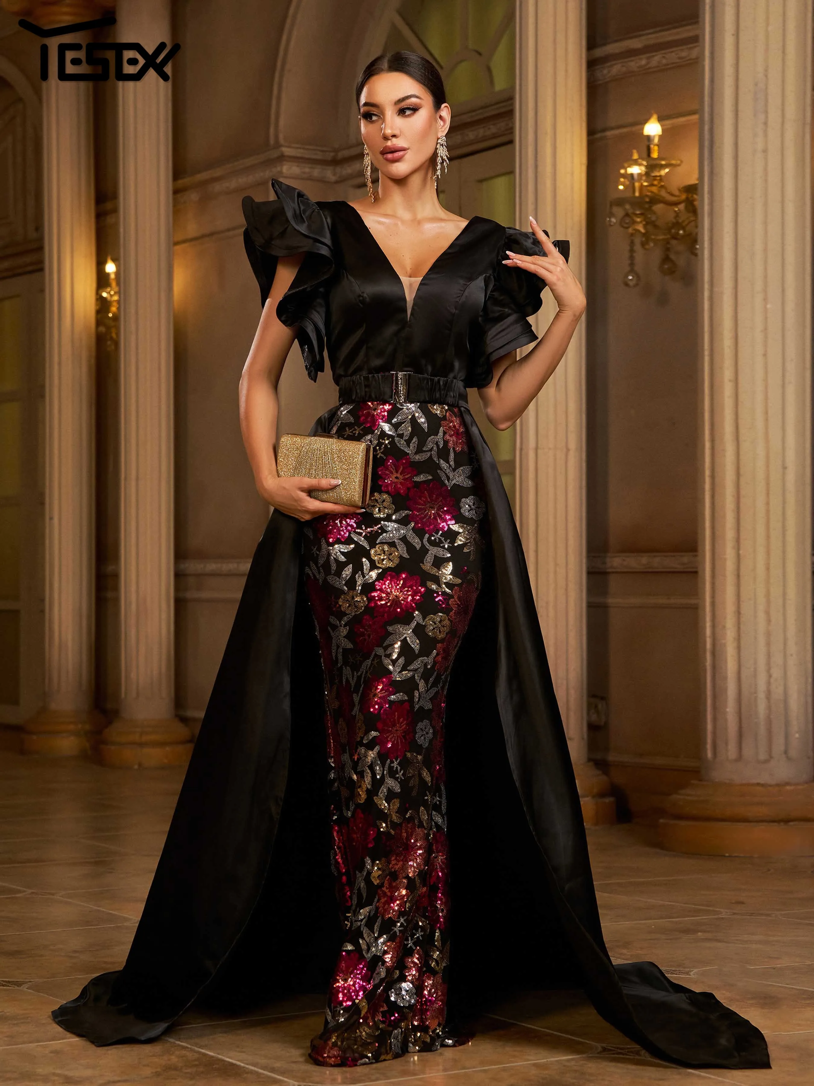 

Yesexy New V Neck Ruffled Sleeve Sequin Mermaid Evening Gown Wedding Birthday Party Formal Occasion Draped Floor Length Dresses