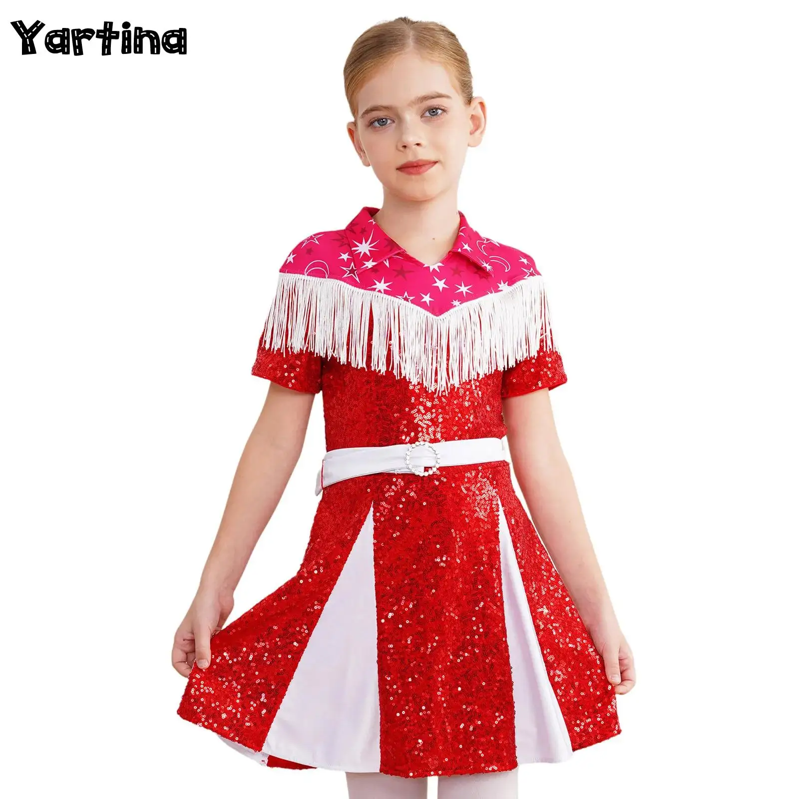 Costume de Cosplay de Cowgirl Occidentale pour Enfant Fille, Robe Plissée à Paillettes Brillantes à Franges, Habillage d'Halloween, Tenue de ix