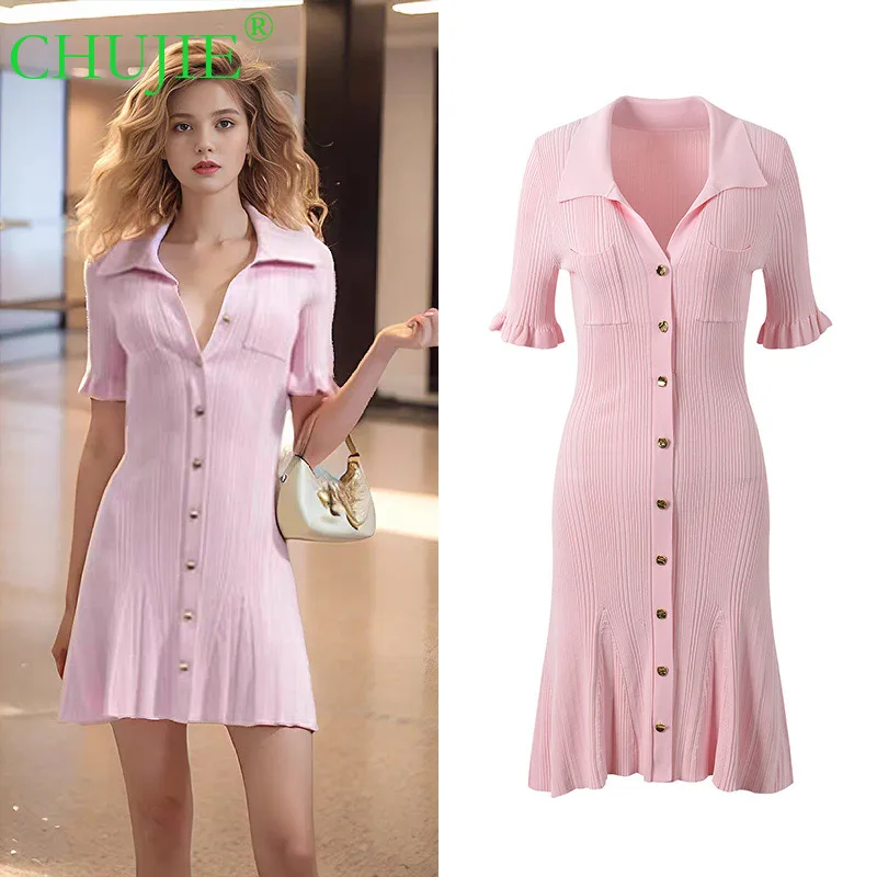 

CHUJIE Spring Summer New French Style Pink V-Neck Waist-Cinching Slim Fit Knitted Short Sleeves Short A-Line Dress