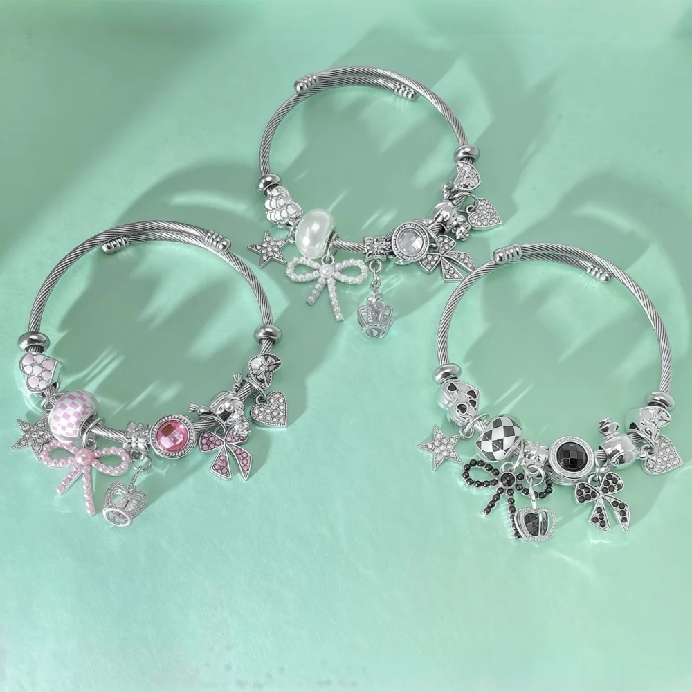 

1 Piece Stainless Steel Adjustable Crown Bracelet Alloy Heart Bow Through-Hole Accessory Star Pendant Detachable DIY Bracelet Holiday Gift