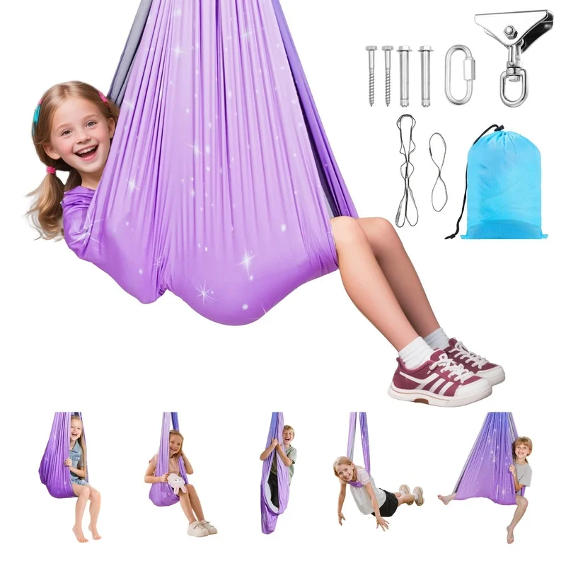 

Sensory Swing with 360° Swivel Hanger, Double-Layer Fabric Hammock for Indoor Outdoor Use, Adjustable Aerial Yoga Swing, Supports Up to 300lbs