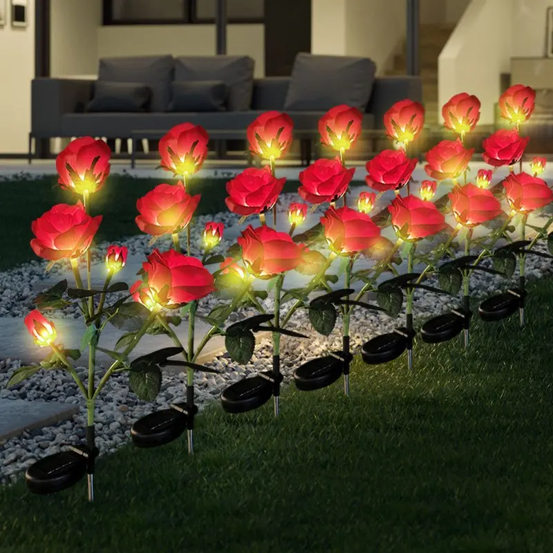 LED Solar 5-heads Rose Flower Outdoor Summer Lawn Lamp for Party Yard Holiday Light Garden Lights Wedding Christmas Decoration