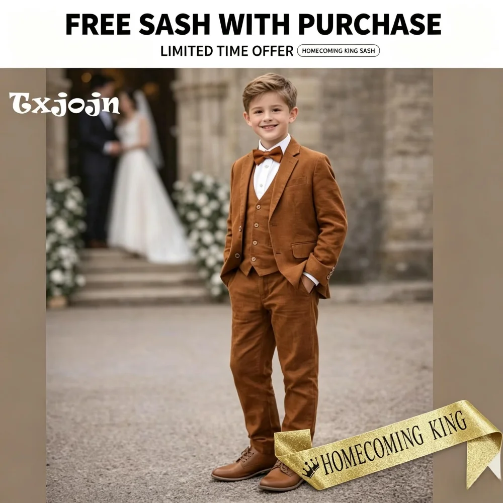 Formal Suit Set for Boys Trend Linen Homecoming Tuxedo Wedding 3PC Jacket Pants Vest Kids Blazer Set Slim Fit Tailored Outfit