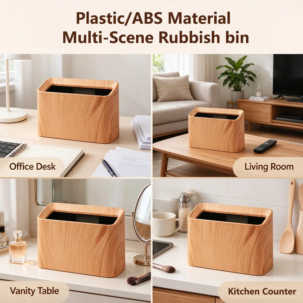 Wood Grain Desktop 4L Capacity Trash Can NO Lid Garbage Waste Bin Organizer Bedroom Office Desk Storage Box Plastic Material