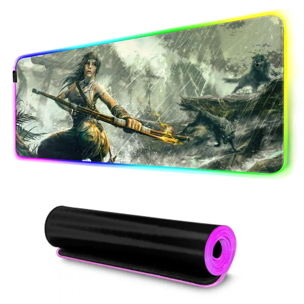 Tomb Raider Lara Croft Mouse Pad Gamer Rgb Desk Mat Back Light Led Mousepad Setup Gaming Accessories Deskmat Big Mousepad