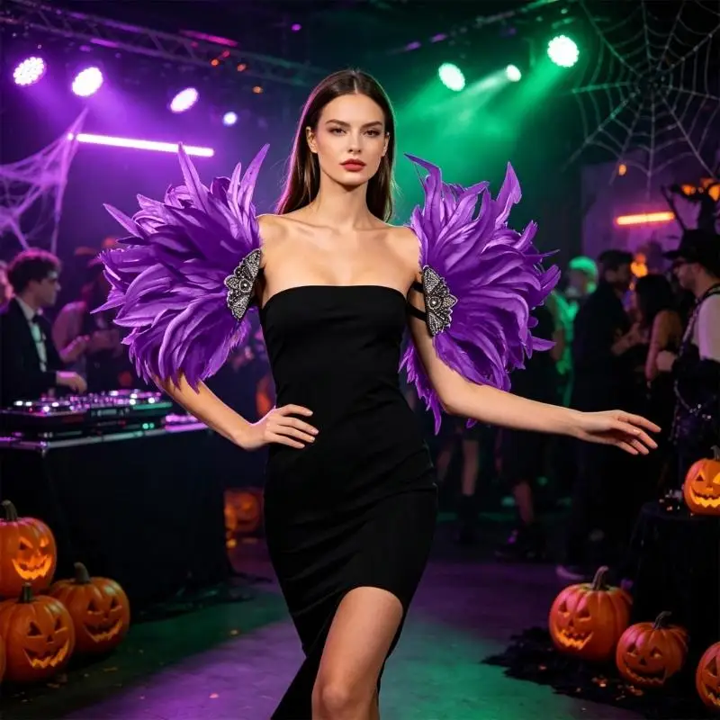 A52E Halloween Shoulder Accessory Pair for Costume Styling, Layered Fan with Beaded Accent for Cosplay Looks