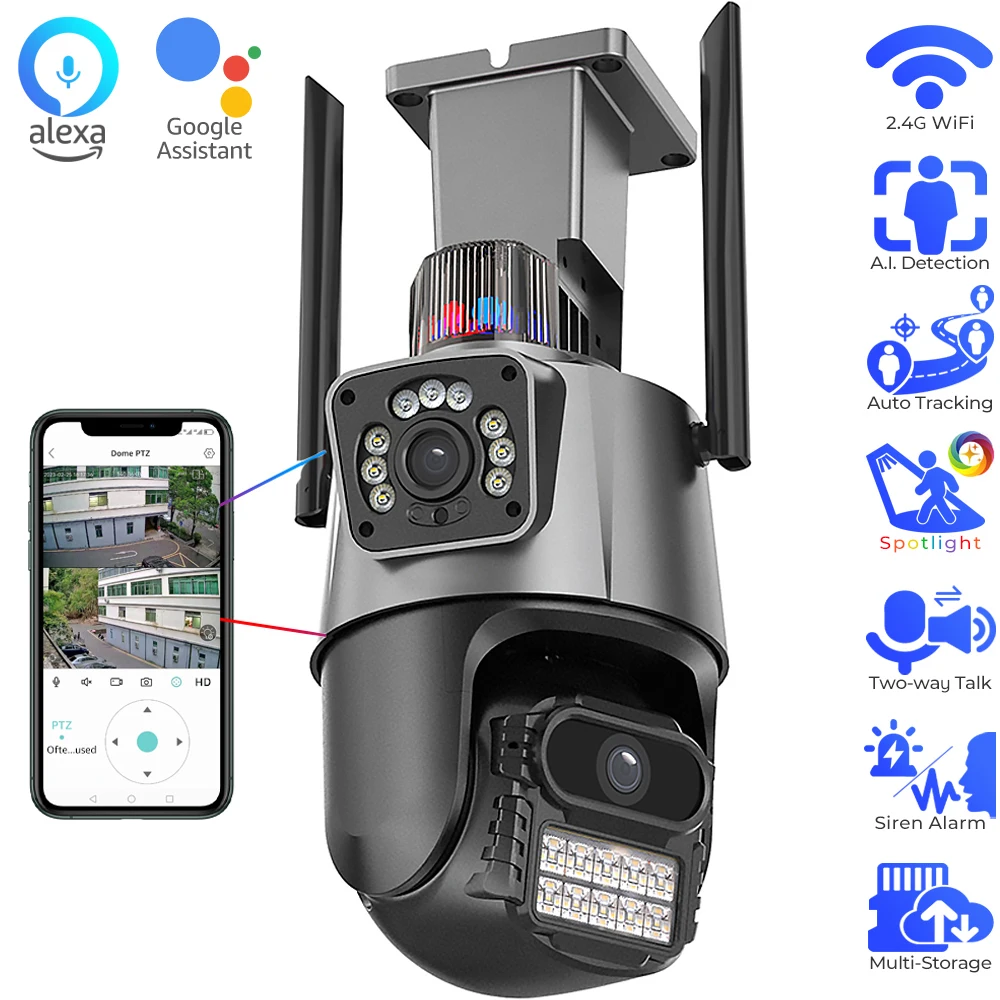 Dual Lens Outdoor Wifi PTZ Camera 4K 8MP HD Outdoor IP Camera Auto Tracking Security Camera iCsee Color Night Vision 2-way Audio