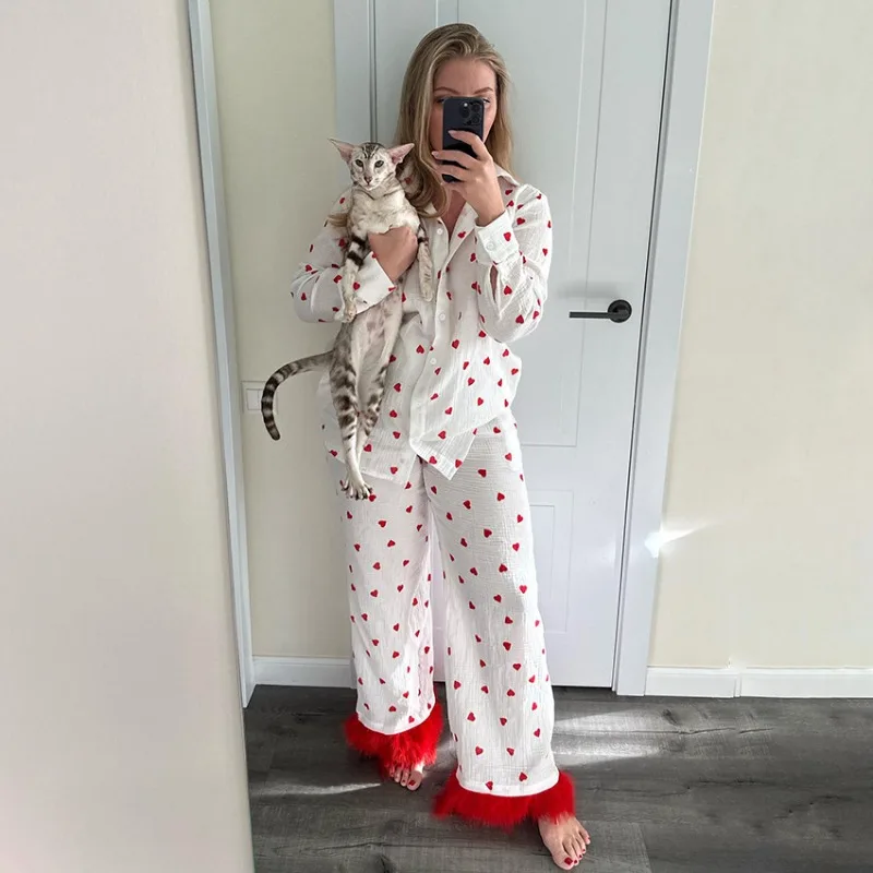 Spring Autumn Collection Women's Long Sleeve Pure Cotton Love Print Feather Pajamas Two Piece Set Comfortable Loungewear L Size
