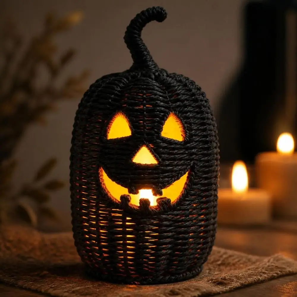 Vintage Halloween Pumpkin Statue Woven Texture Removable Lid Pumpkin Candle Holder with Witch Hat Rustic Resin Pumpkin Lantern