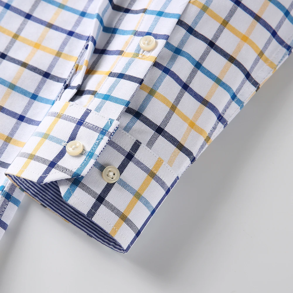 Camisas a cuadros de manga larga 100% algodón para hombre, camisa Oxford informal a rayas con un solo bolsillo tipo parche y botones de ajuste