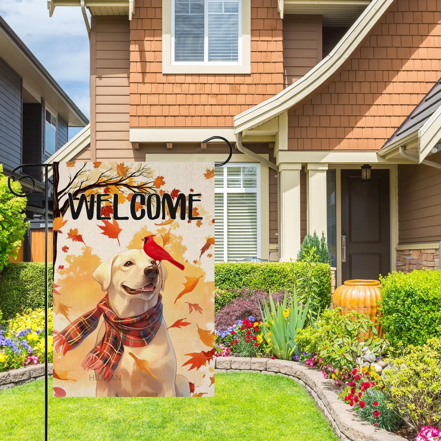 Welcome Fall Yellow Labrador Dog Decorative Garden Flag, Autumn Cardinal Red Bird Maple Leaves Puppy Home Yard Thanksgiving Farm