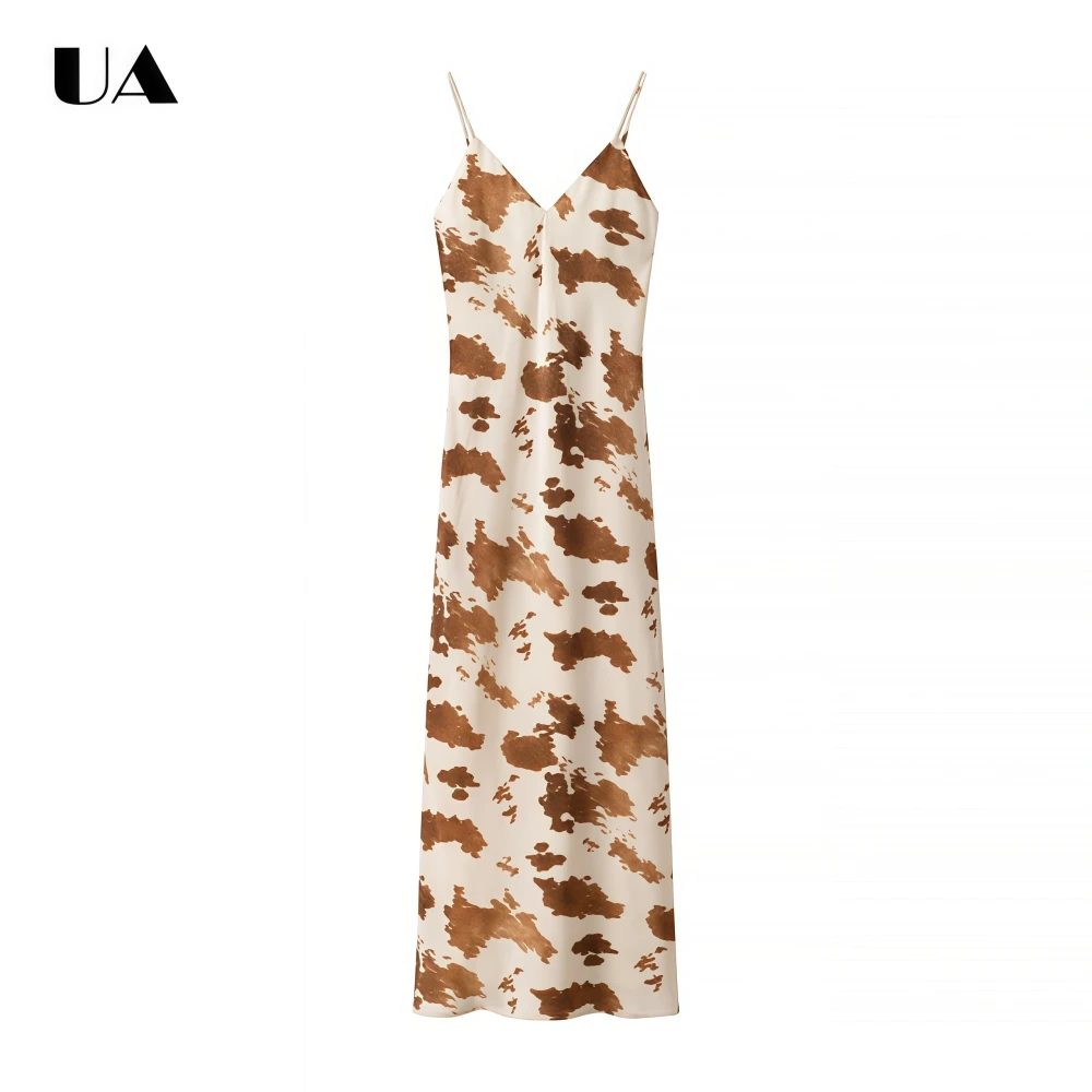 

Fashionable Straight Printed Long Dress with Spaghetti Straps Vintage V-neck Sleeveless Midi Dress Elegant Backless Draped Dress