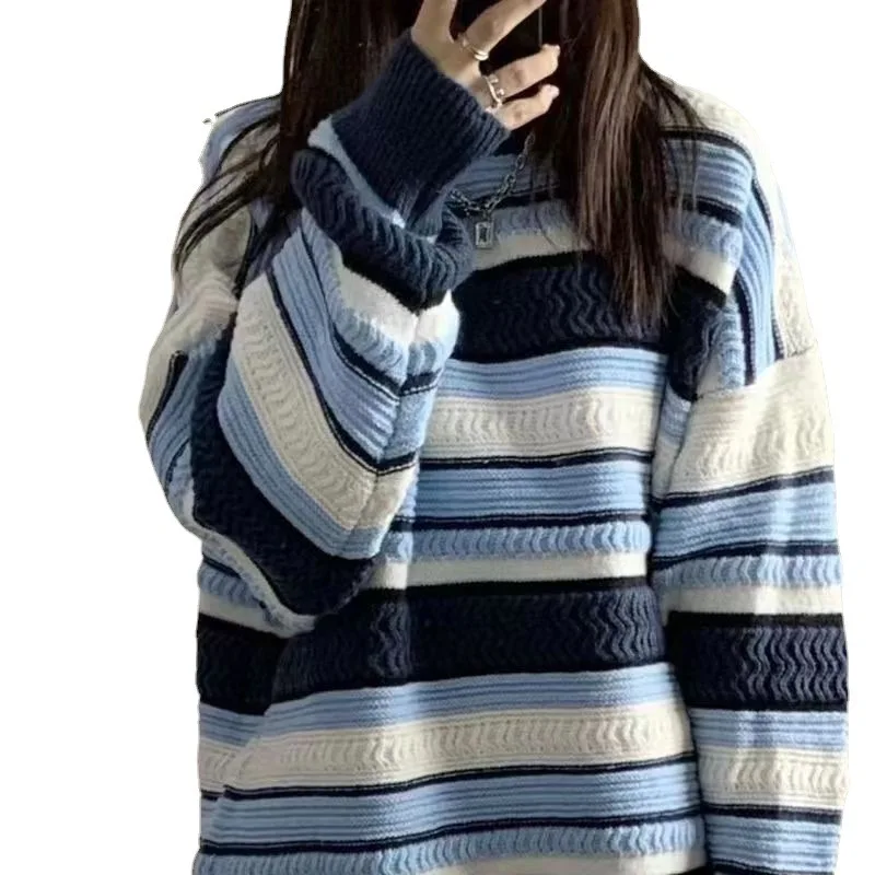 2025 outono novo sle feminino preguiçoso faion redondo ne suéter de malha listrado padrão macio cor fofa top quali acr...
