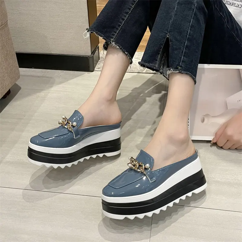 chain slippers Women Shoes High Heels Warm Fashion platform  Wedge Heel Chain Slides Flip Flops Sweet Soft Cozy Shallow Slippers