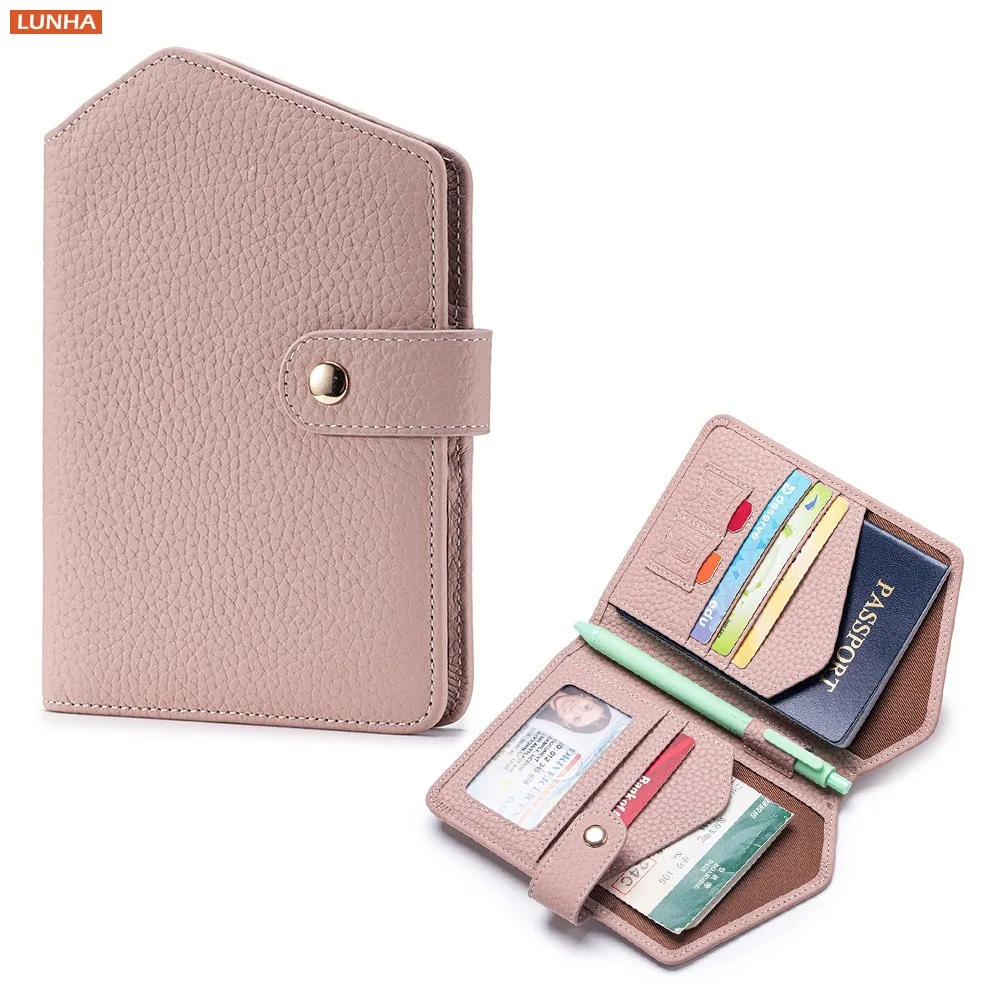 Women's Genuine Leather Passport Card Holder RFID Protection Plane Ticket Cover Bag Sim ID Cards Pen Coin Hasp Closure Wallet