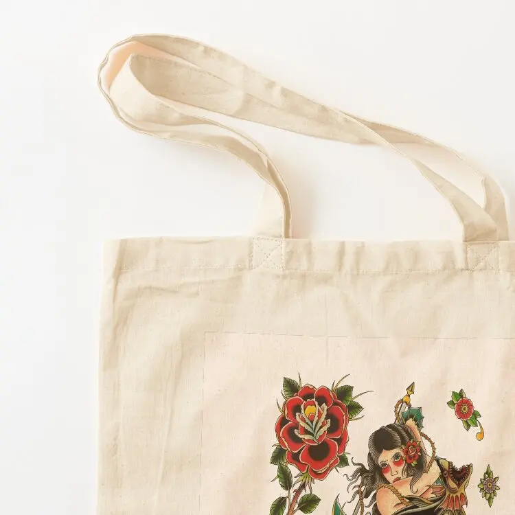 Traditional Pretty Mermaid Holding Trident, Sea Monster and Skull Roses Tattoo Tote Bag Gift bag Women's shopper