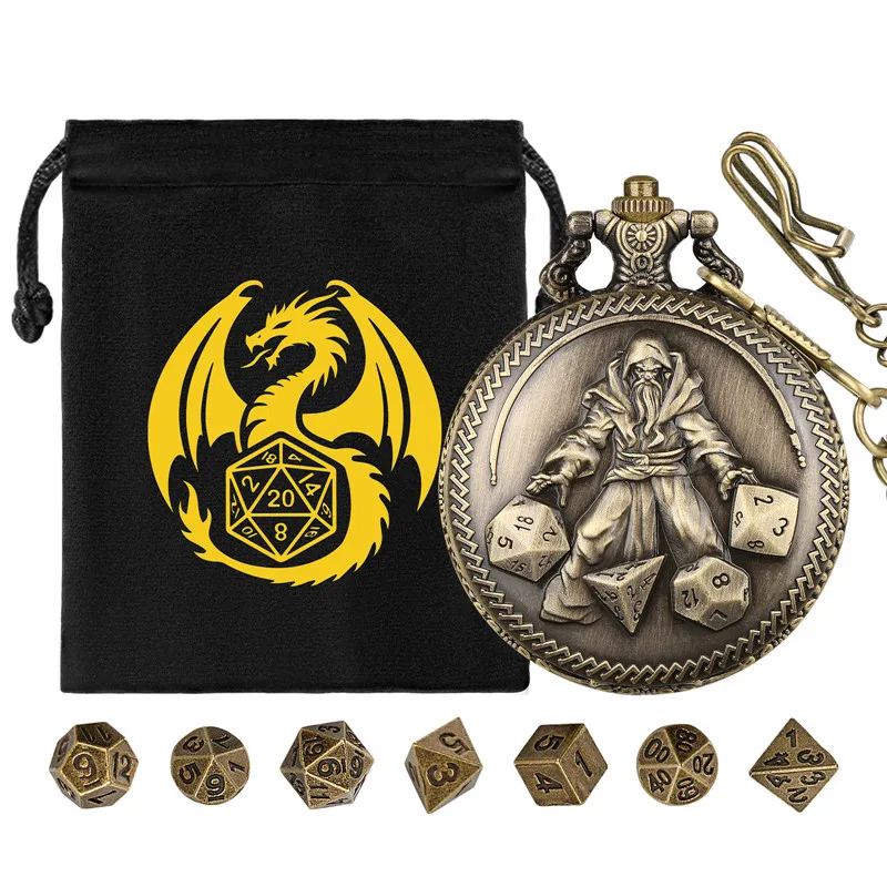 

Bronze Hand Held Dice Wizard Pocket Watch Shell Case with 7pcs/set Mini Size Metal Polyhedral Dice for Role Play Gaming Gift Bag