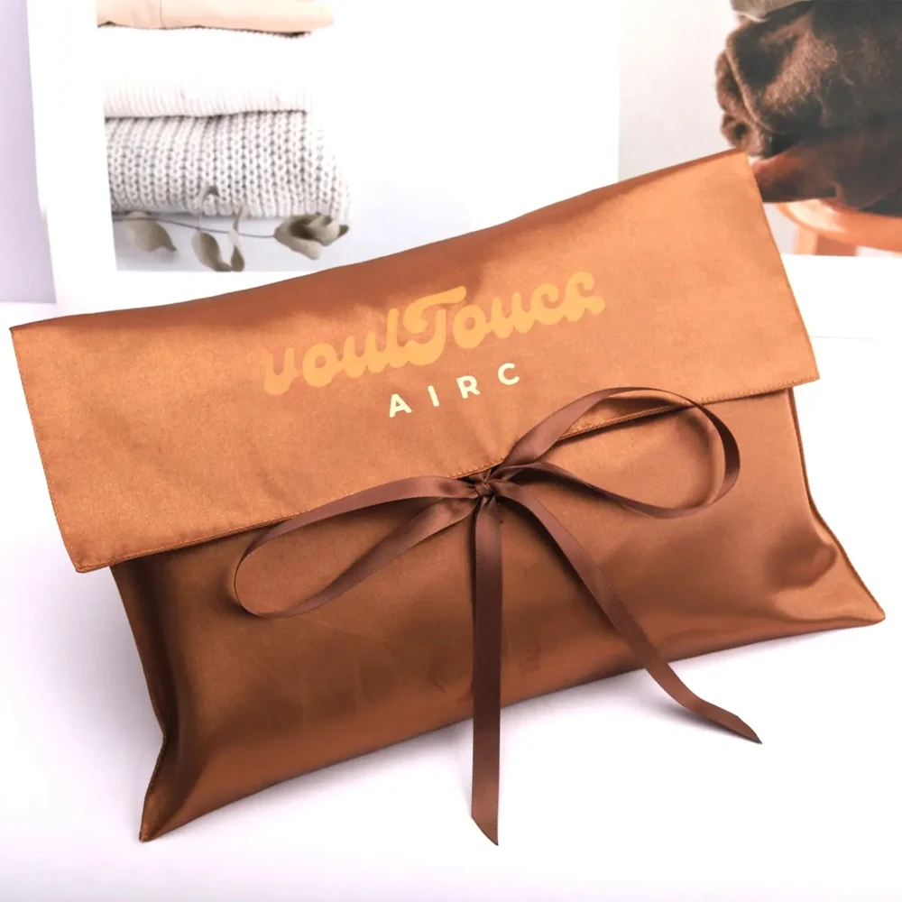 Пользовательский логотип, синий шелковый атласный конверт, сумка для книг, костюм для хранения одежды, роскошная сумка с клапаном и лентой, украшение для свадебного подарка