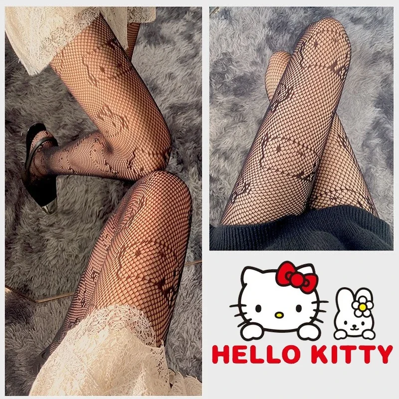 Hello Kitty Women Long Sexy Hollow Out Fishnet Stockings Pantyhose Black High Waist Stocking Tights Panty Fishnet Lingerie Mesh