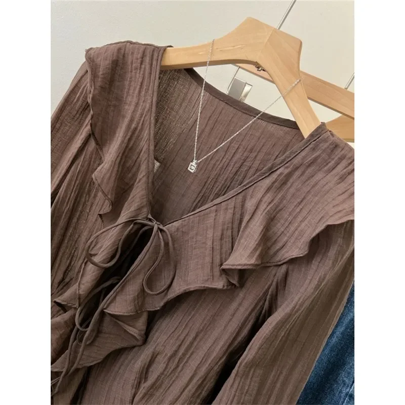 Blusas para mujer Chemise Femme Camisas acampanadas con volantes para mujer Blusas femeninas Elegantes Tops Camisa vintage de primavera Abrigo fino