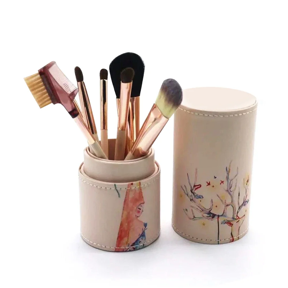 ชุดแปรงแต่งหน้าอเนกประสงค์ 7 ชิ้น ชุดแปรงแต่งหน้าไฟเบอร์สำหรับผู้หญิง พร้อมถังเก็บแปรงแต่งหน้า