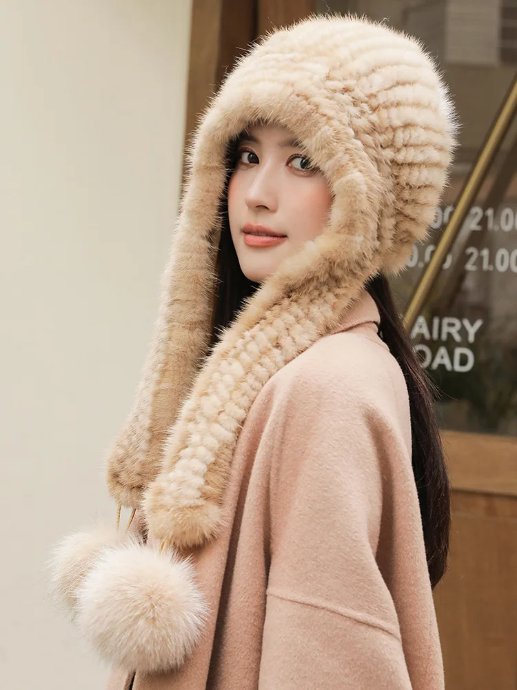 2024 New Fashion Women Winter Mink Fur Hats Knitted Real Mink With Fox Fur Ball Caps Female Russian Warm Beanies Hat Fur Hat