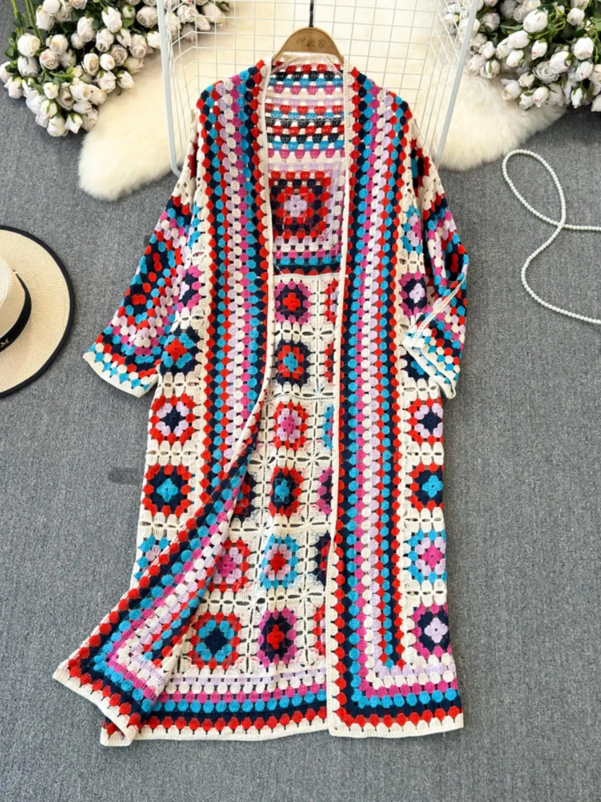 

Длинный вязаный шиловый кардиган Dr, женский пляжный праздничный этнический крючок с цветком, винтажный свободный крой в Корейском стиле для поездок на работу