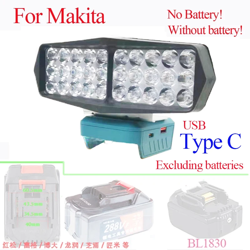 Portable lantern Car LED Work Lamp Light Torch Type C USB Power Bank For Makita For DeWalt For Bosch For Milwaukee 18V Battery