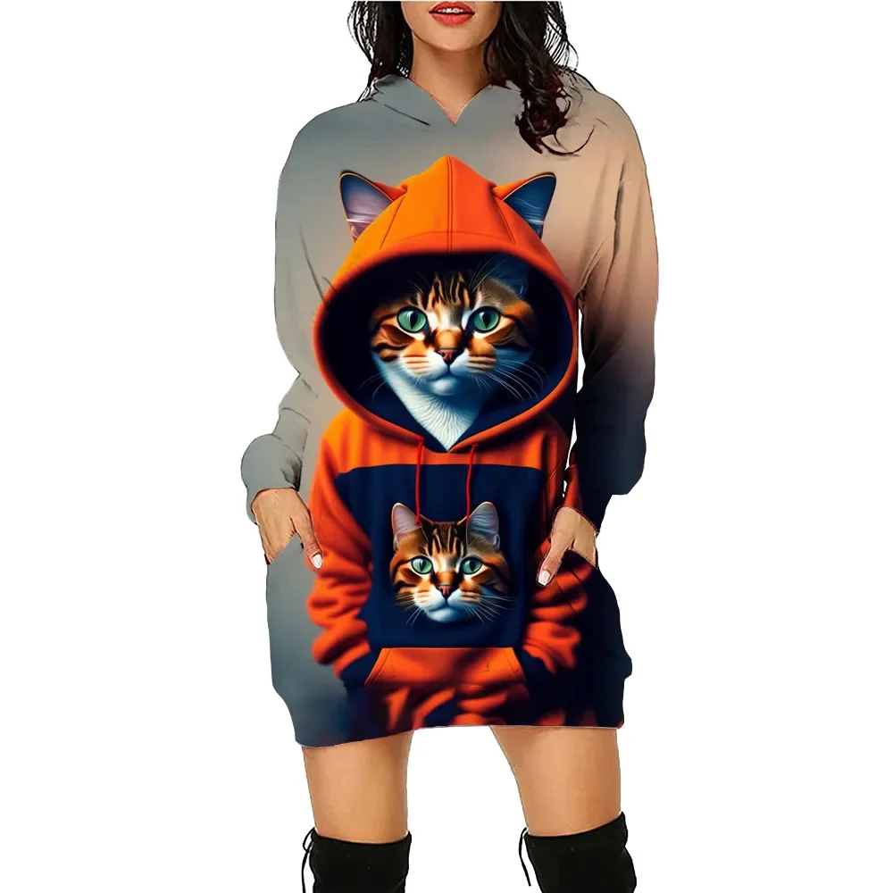 Cute Cats Printed Hoodie Dress Women's Top Workout Pet Sweatshirt Long Sleeve Pullover Autumn Winter Loose Tee Traf Vestidos