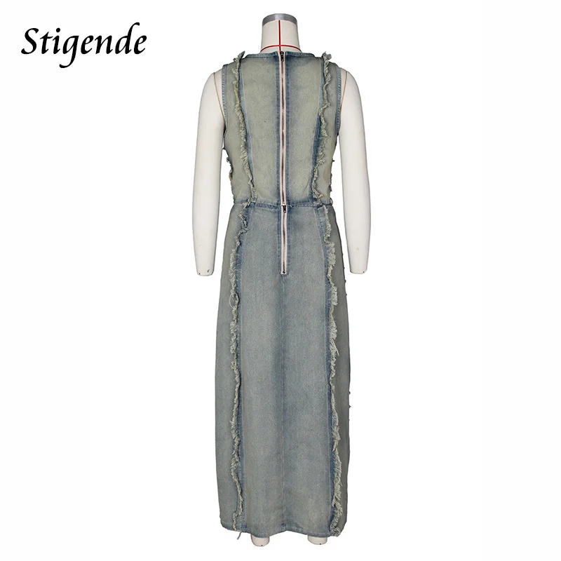 Stigende Denim Ripped Hole Two Piece Set Women Sexy Hollow Out Streetwear Outfit Shredded Crop Top and High Split Long Skirt